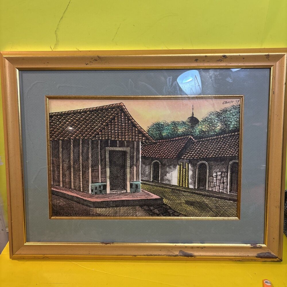 Vintage 1998 Framed Central American Folk Art Signed Painting Of Village Ocampo